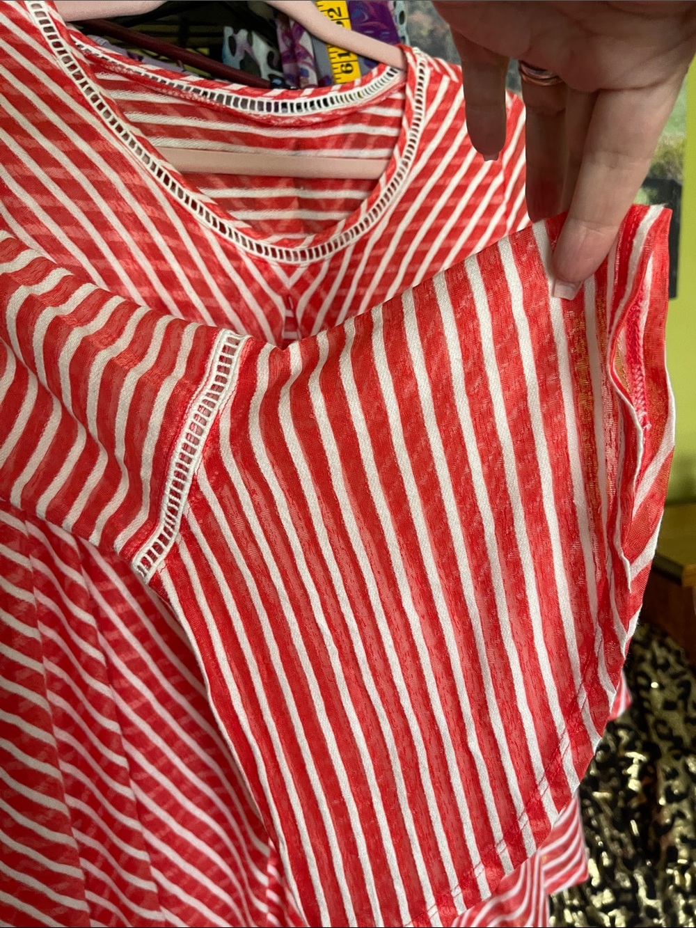 Red and White Striped Knit Tunic with Ladder Trim